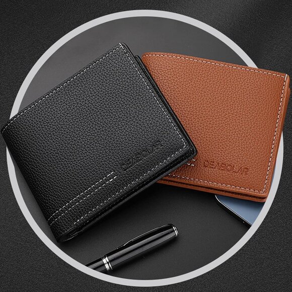 Men Wallet Black PU Material 4 Card Holder 2 Money Pockets 1 Clear Window - Picture 6 of 7